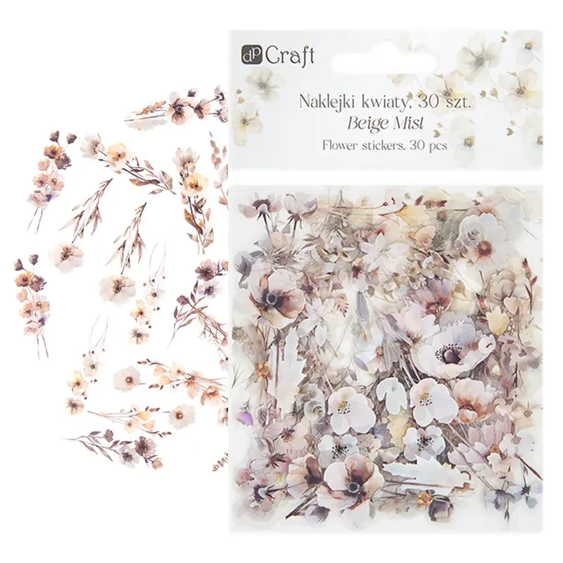 Naklejki przezroczyste PET dpCraft 30 szt. kwiaty beige mist 01