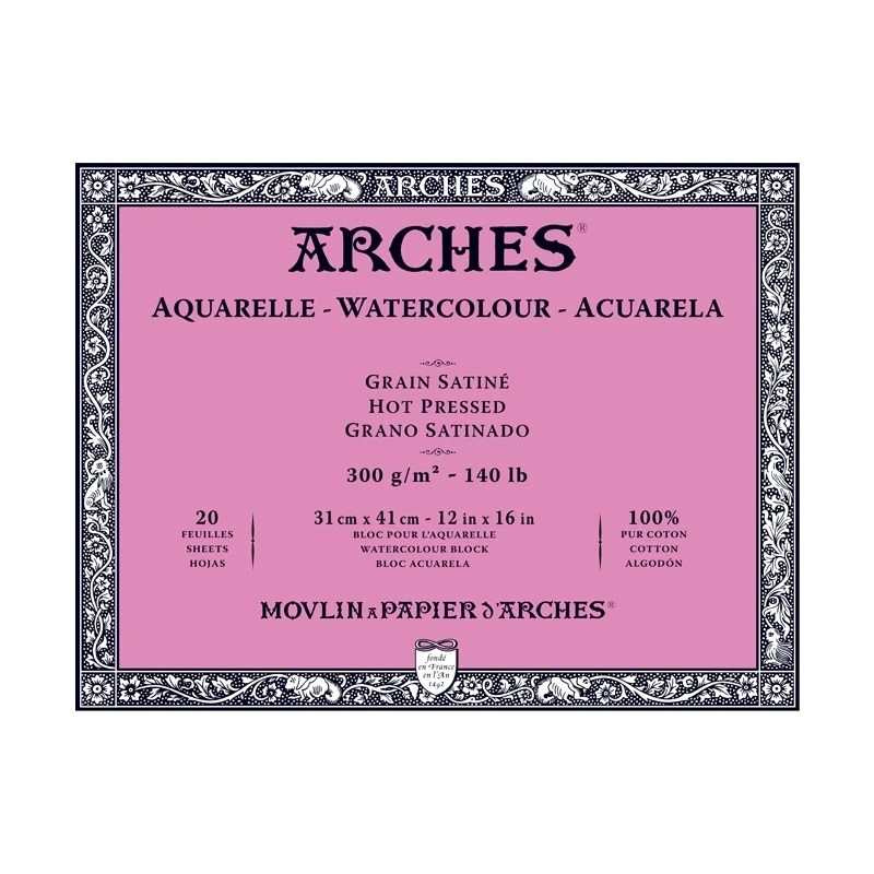 Blok do akwareli Arches Grain Satine - 31 x 41 cm, 300 g, 20 ark., 100% bawełny, hot pressed 01