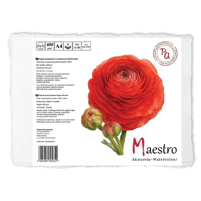 Papier do akwareli Maestro Jaskier 100% Bawełny Cold Pressed - A4, 400 g, 5 ark. 01