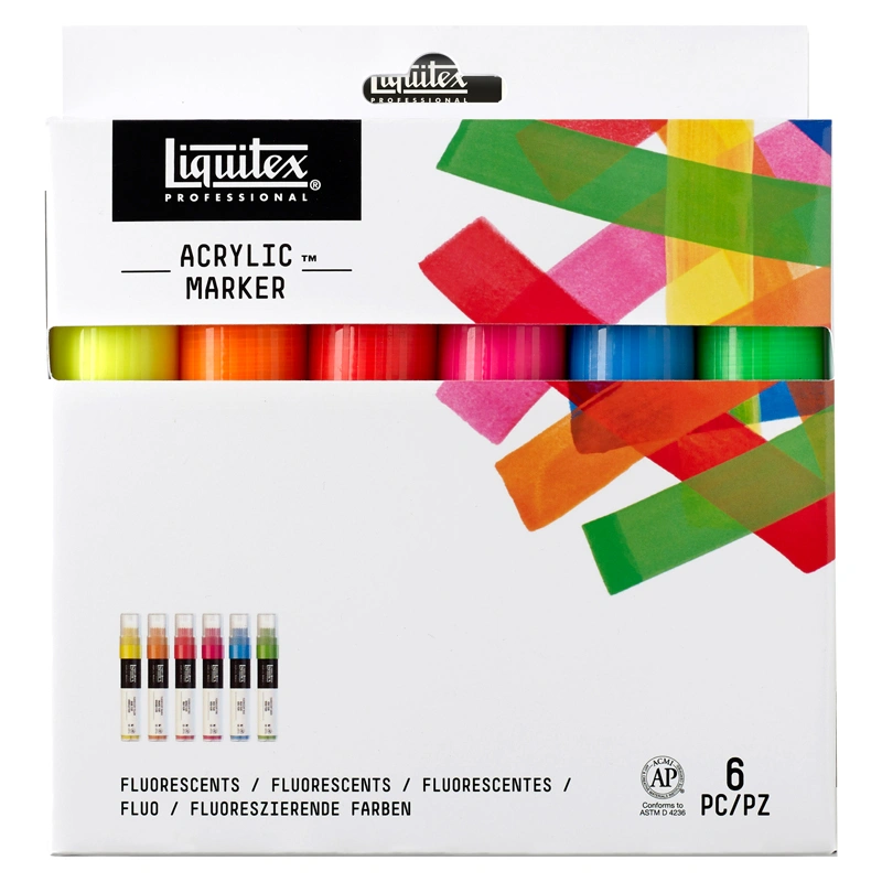 Opakowanie zestawu merkerów Liquitex Fluorescents na białym tle.