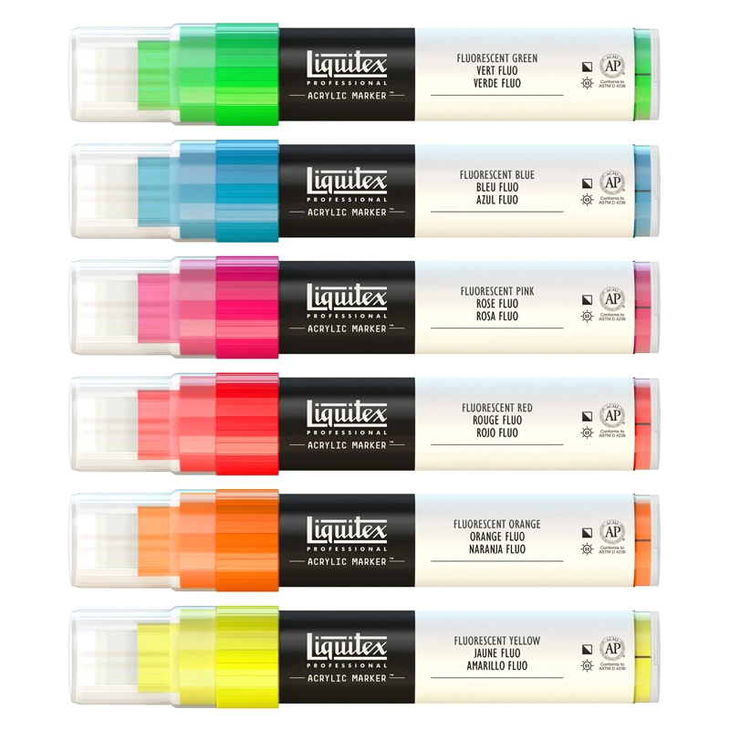 Opakowanie markerów Liquitex Fluorescents na białym tle.