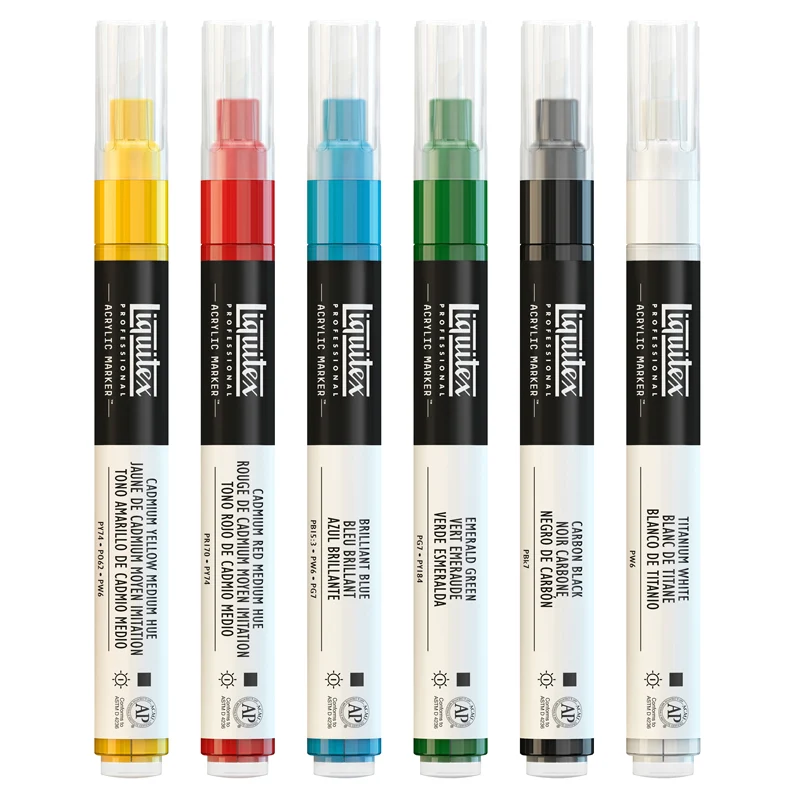 Sześć markerów z zestawu Liquitex Acrylic Marker Classics na białym tle.