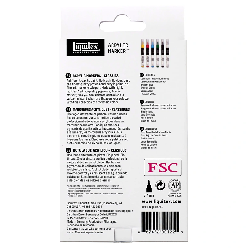 Tył opakowanie markerów Liquitex Acrylic Marker Classics na białym tle.