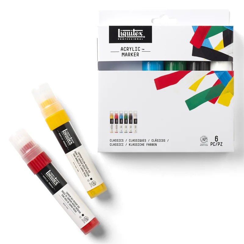 Komplet mazaków akrylowych Liquitex Acrylic Marker Classics Wide 8-15 mm na białym tle, z leżącymi obok dwoma markerami z zestawu.