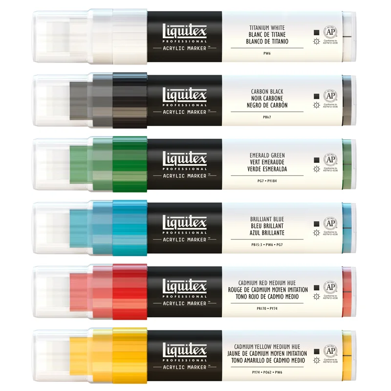 Sześć markerów Liquitex Acrylic Marker z zestawu Liquitex Classics Wide 8-15 mm na białym tle.