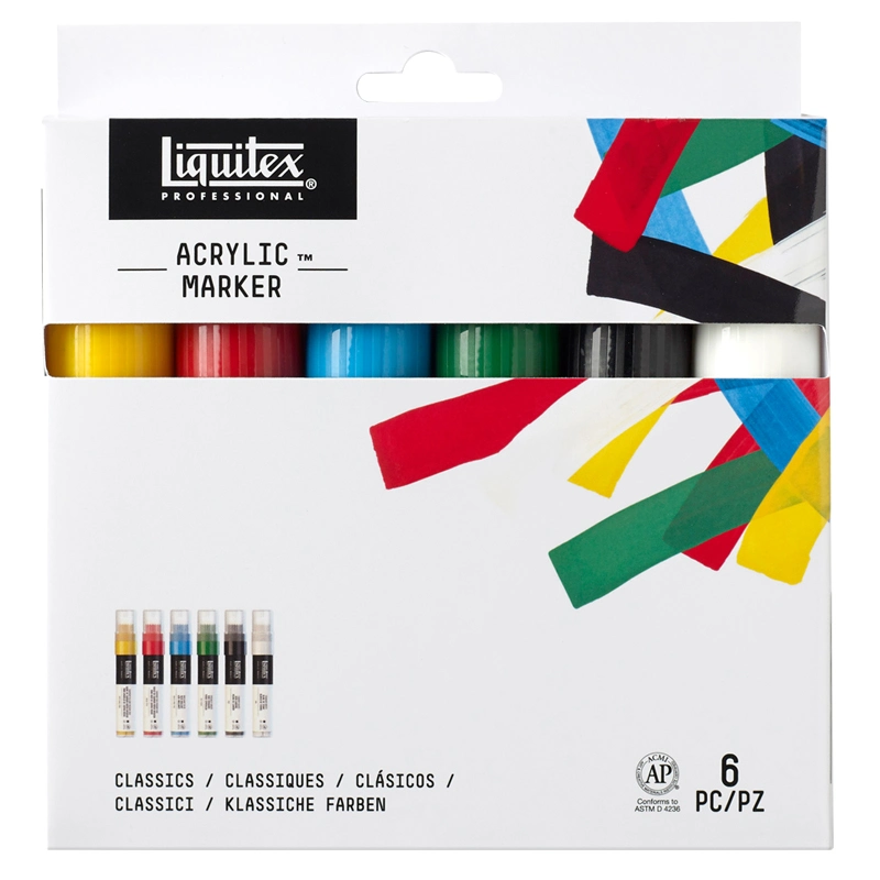 Zbiorcze opakowanie zestawu merkerów Liquitex Acrylic Marker Classics Wide 8-15 mm na białym tle.