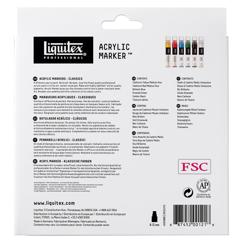 Tył opakwania zbiorczego zestawu pisaków Liquitex Acrylic Marker Classics Wide 8-15 mm na białym tle.