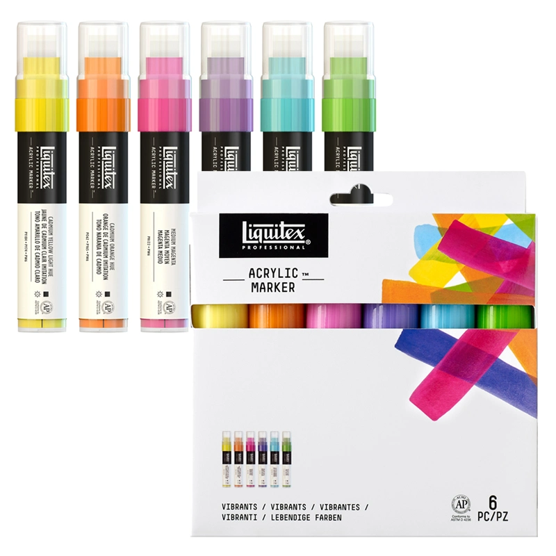 Opakowanie zestawu pisaków akrylowych Liquitex Vibrants Wide 8-15 mm, na tle 6 markerów, które znajdują się w komplecie.