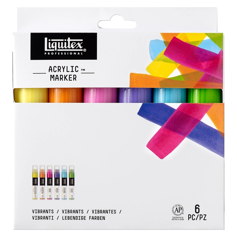 Zbiorcze opakowanie zestawu merkerów Liquitex Acrylic Marker Vibrants Wide 8-15 mm na białym tle.