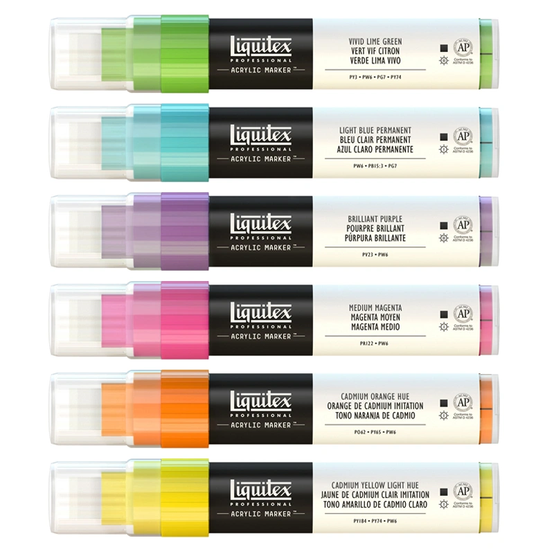 Sześć markerów Liquitex Acrylic Marker z zestawu Liquitex Vibrants Wide 8-15 mm na białym tle.