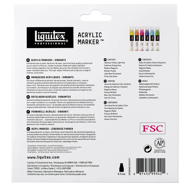 Tył opakwania zbiorczego zestawu pisaków Liquitex Acrylic Marker Vibrants Wide 8-15 mm na białym tle.