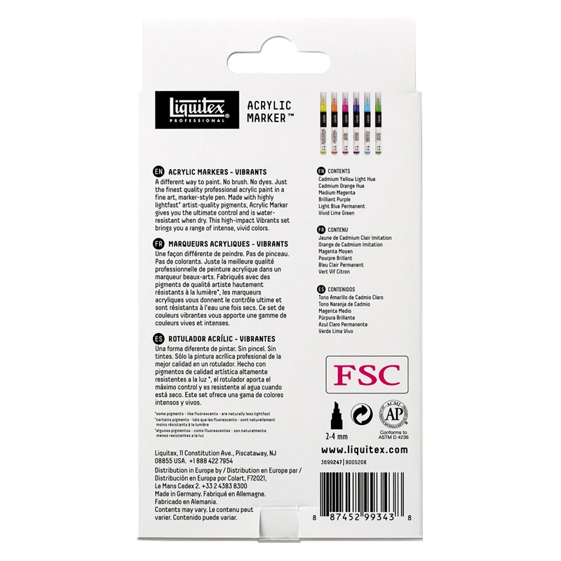 Tył opakowania zbiorczego markerów Liquitex Acrylic Marker Vibrants Fine 2 mm na białym tle.