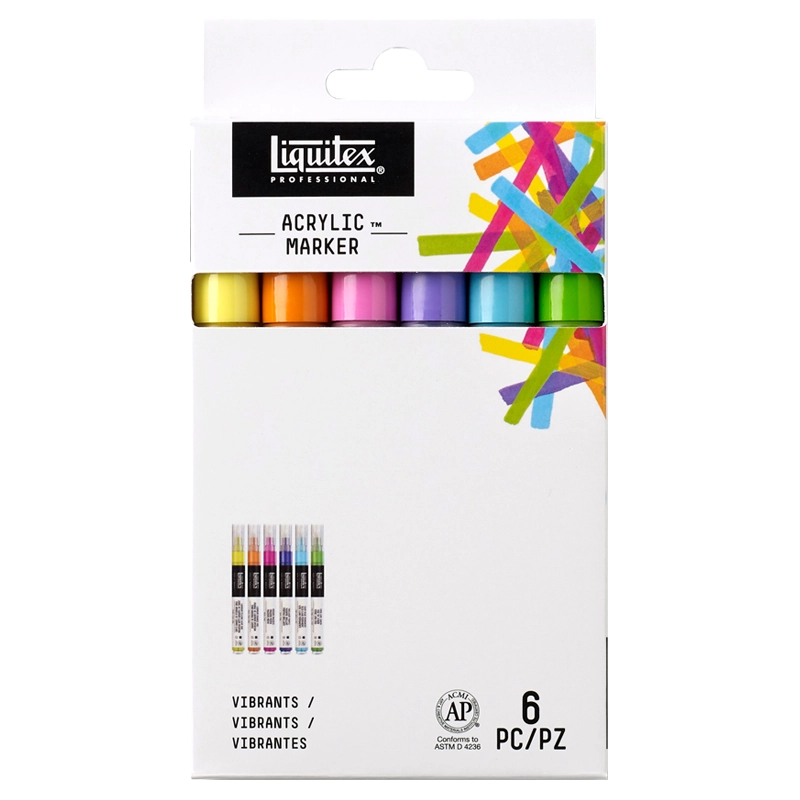 Opakowanie zbiorcze markerów Liquitex Acrylic Marker Vibrants Fine 2 mm na białym tle.