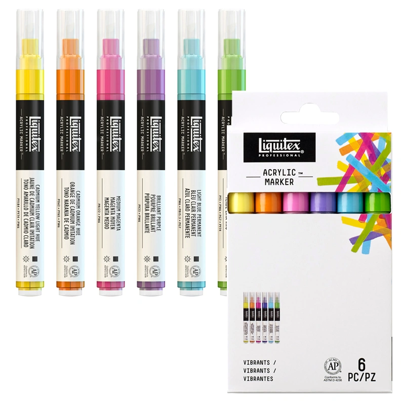 Opakowanie pisaków akrylowych Liquitex Acrylic Marker Vibrants Fine 2 mm na tle 6 markerów, które znajdują się w komplecie.