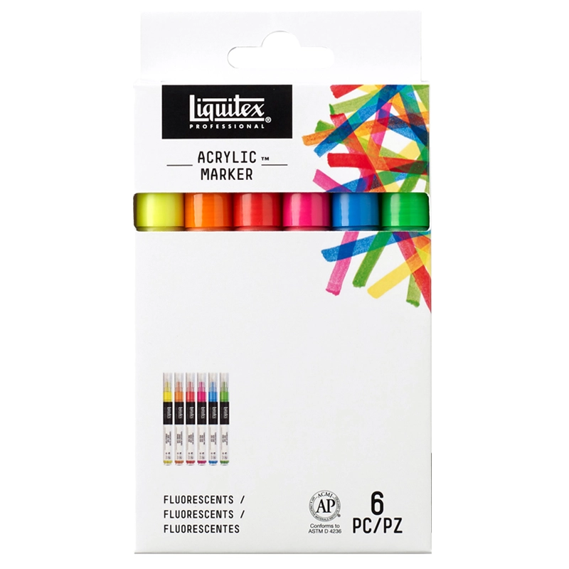 Opakowanie zbiorcze markerów Liquitex Acrylic Marker Fluorescent Fine 2 mm na białym tle.