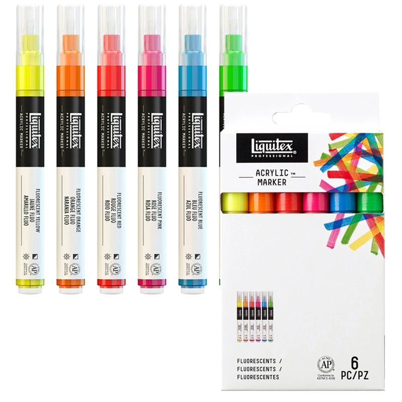 Opakowanie pisaków akrylowych Liquitex Acrylic Marker Fluorescent Fine 2 mm na tle 6 markerów, które znajdują się w komplecie.