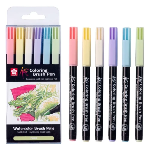 Pisaki pędzelkowe Koi Coloring Brush Sakura Pastel zestaw 6 szt.