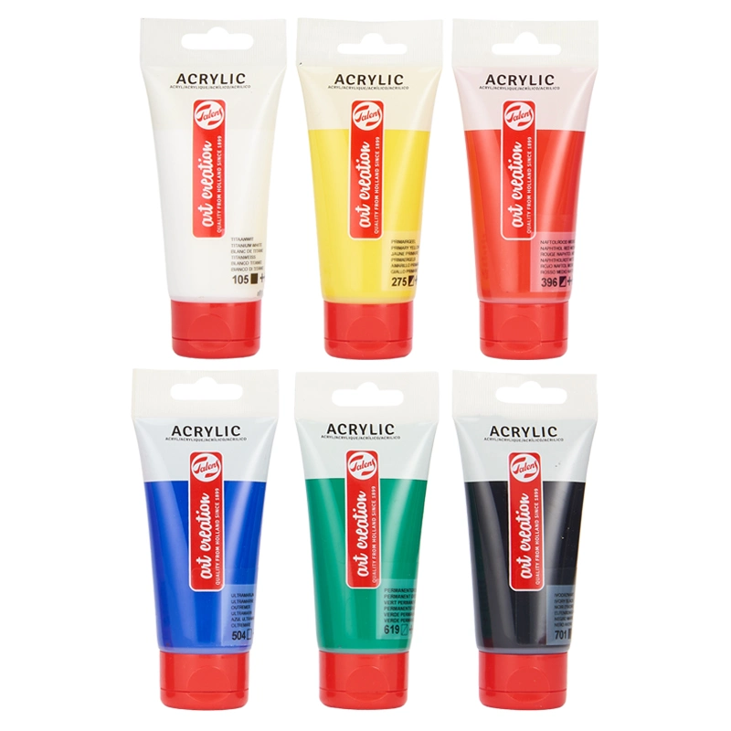 Sześć tubek farb akrylowych 75 ml Art Creation Talens: biały, żółty, czerwony, niebieski, zielony, czarny, widok z przodu.