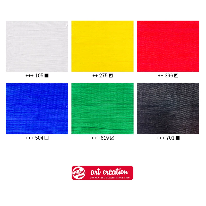 Próbki sześciu kolorów farby akrylowej Art Creation Talens z zestawu 6 szt po 75 ml: biały, żółty, czerwony, niebieski, zielony, czarny.