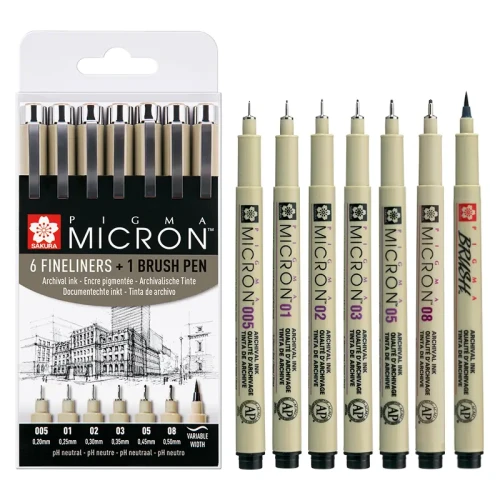 Cienkopisy Pigma Micron 7 szt - 005, 01, 02, 03, 05, 08, BR