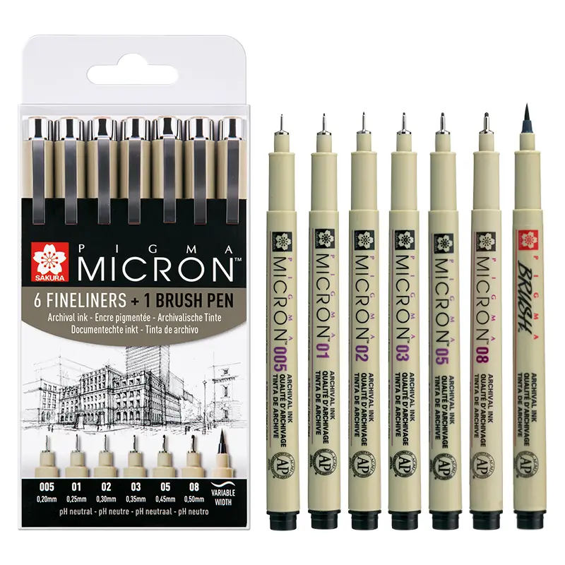 Cienkopisy Pigma Micron 6 szt - 005, 01, 02, 03, 05, 08, BR  01