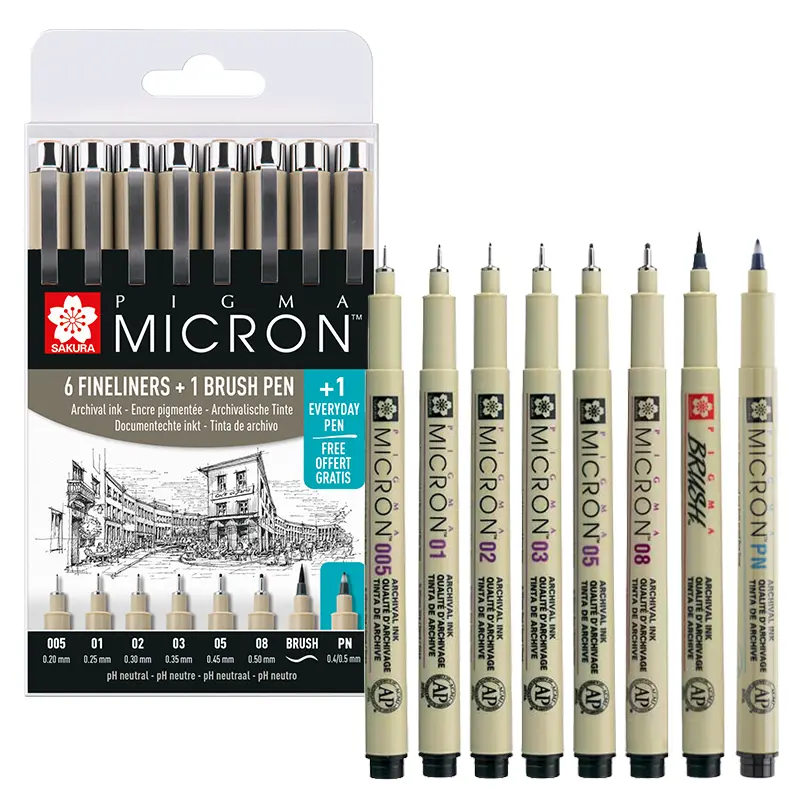 Cienkopisy Micron Pigma 9 szt. - 005, 01, 02, 03, 05, 08, BR, PN 01