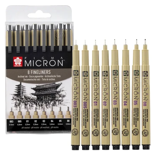 Cienkopisy Pigma Micron 8 szt. - 003, 005, 01, 02, 03, 04, 05, 08