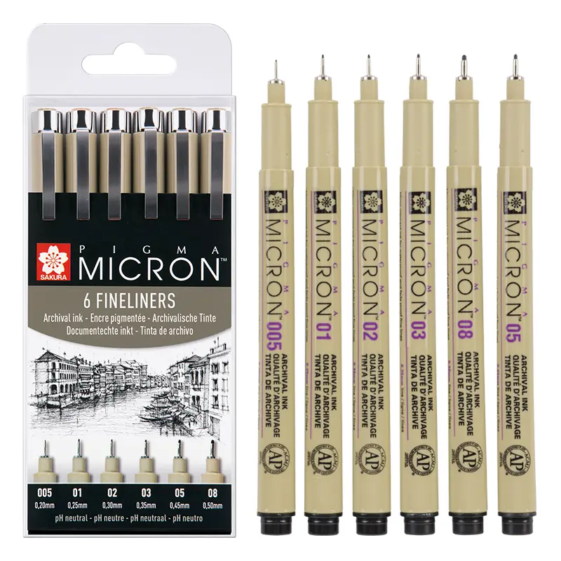 Cienkopisy Pigma Micron 6 szt. - 005, 01, 02, 03, 05, 08 01