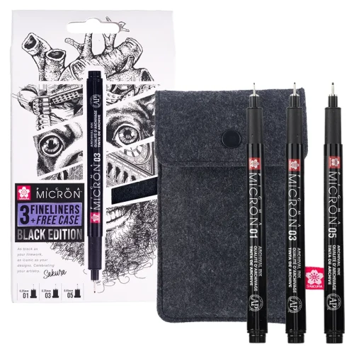 Cienkopisy Pigma Black 3 szt. + piórnik - 01, 03, 05