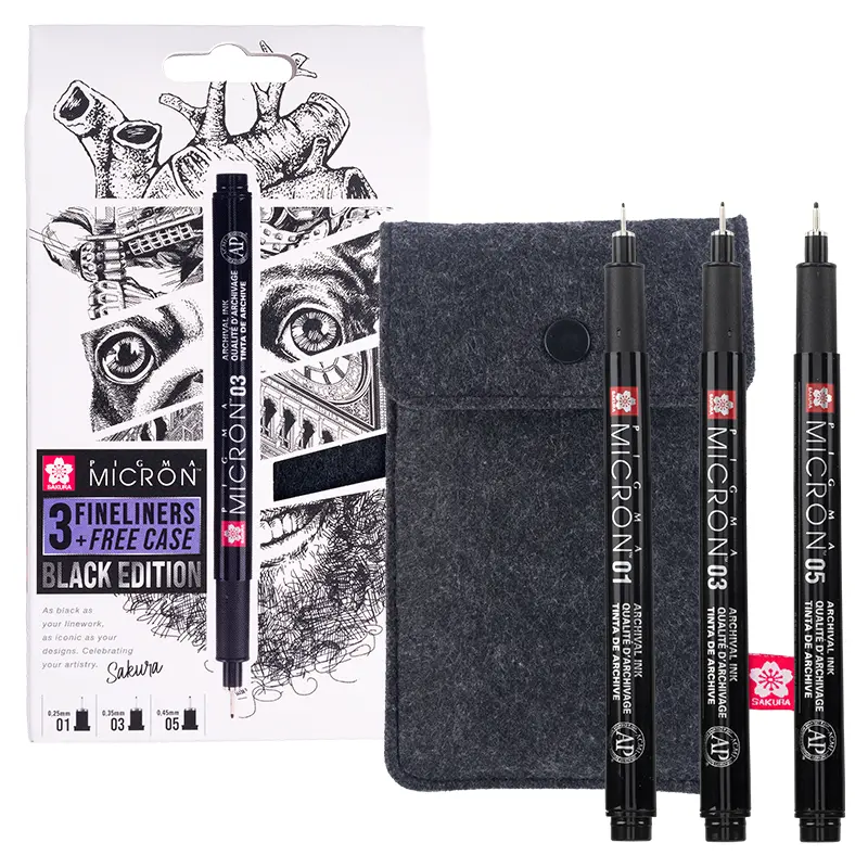 Cienkopisy Pigma Black 3 szt. + piórnik - 01, 03, 05 01