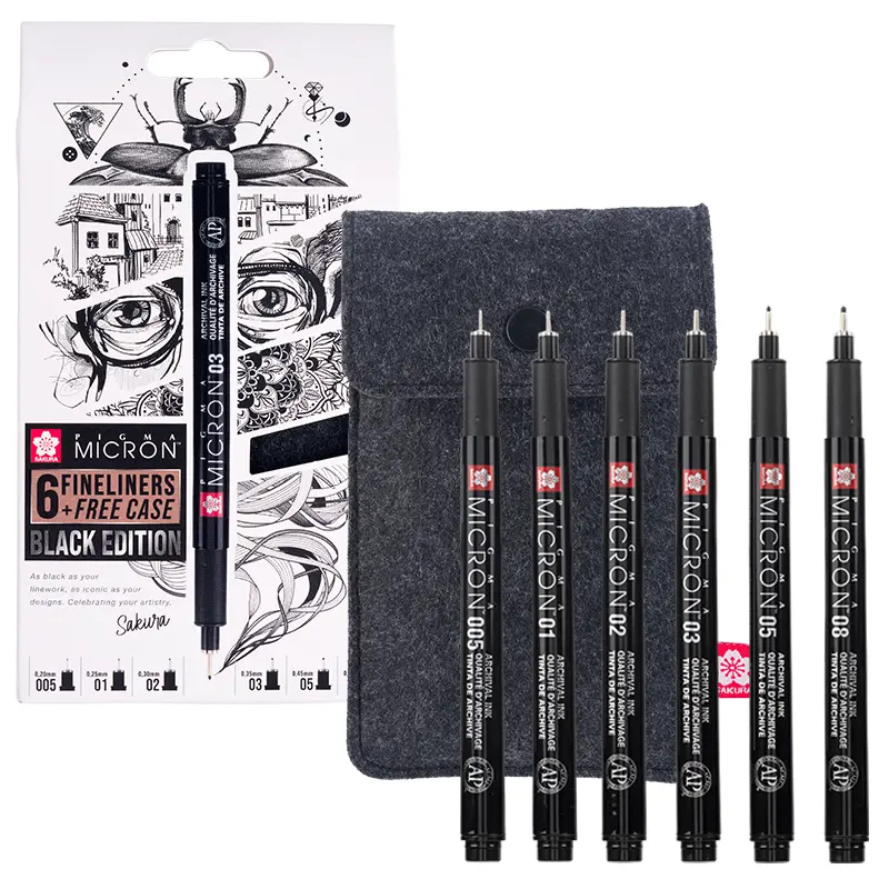 Cienkopisy Pigma Black 6 szt. + piórnik - 005, 01, 02, 03, 05, 08 01