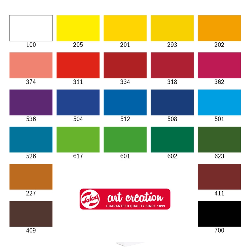 Paleta 24 kolorów farb gwaszowych Talens Art Creation z numerami odcieni na białym tle.