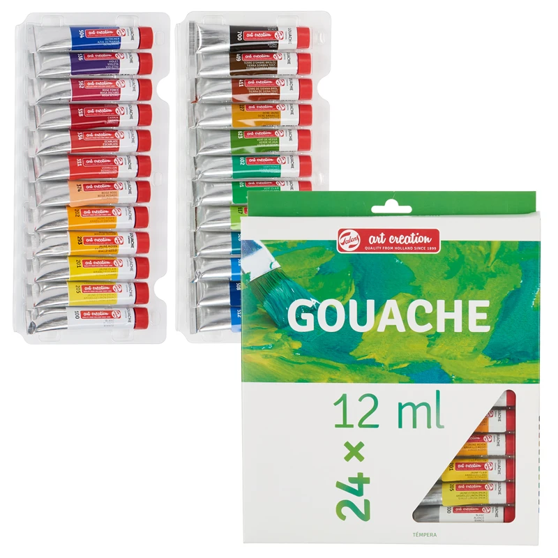 Zestaw farb gwaszowych Talens Art Creation 24x12ml w blistrze obok pudełka produktu.