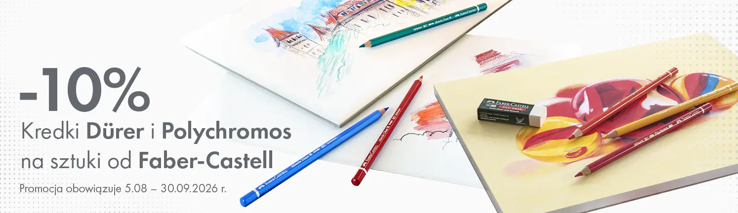 Baner promocyjny: 10% rabatu na kredki Dürer i Polychromos na sztuki od Faber-Castell. Promocja 5.08–30.09.2026. Storm Plastyczny