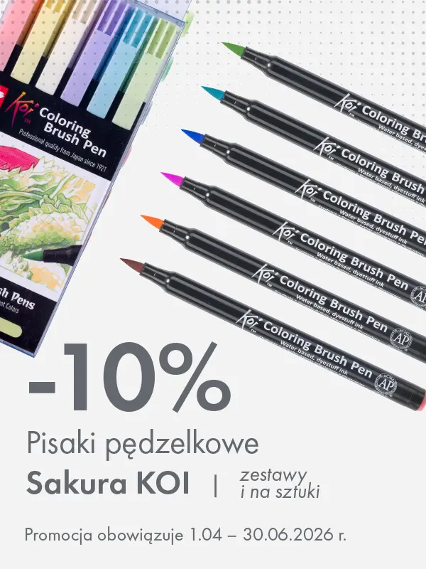 Baner promocyjny: 10% rabatu na pisaki pędzelkowe Sakura KOI, zestawy i na sztuki. Promocja 1.04–30.06.2026. Storm Plastyczny