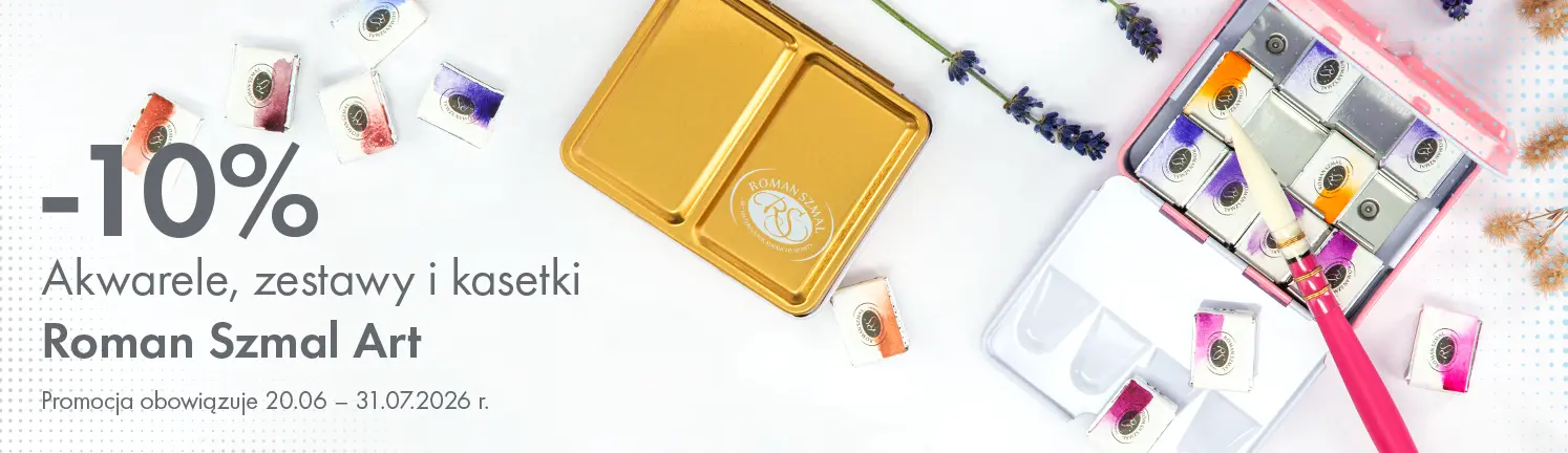 Baner promocyjny: 10% rabatu na akwarele Roman Szmal Art - kostki, półkostki, zestawy i kasetki. Promocja 20.06–31.07.2026. Storm Plastyczny