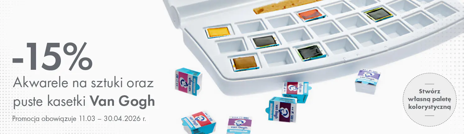 Baner promocyjny: 15% rabatu na akwarele Van Gogh na sztuki oraz puste kasetki. Promocja 11.03–30.04.2026. Storm Plastyczny