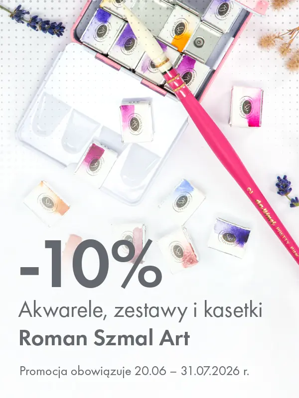 Baner promocyjny: 10% rabatu na akwarele Roman Szmal Art - kostki, półkostki, zestawy i kasetki. Promocja 20.06–31.07.2026. Storm Plastyczny