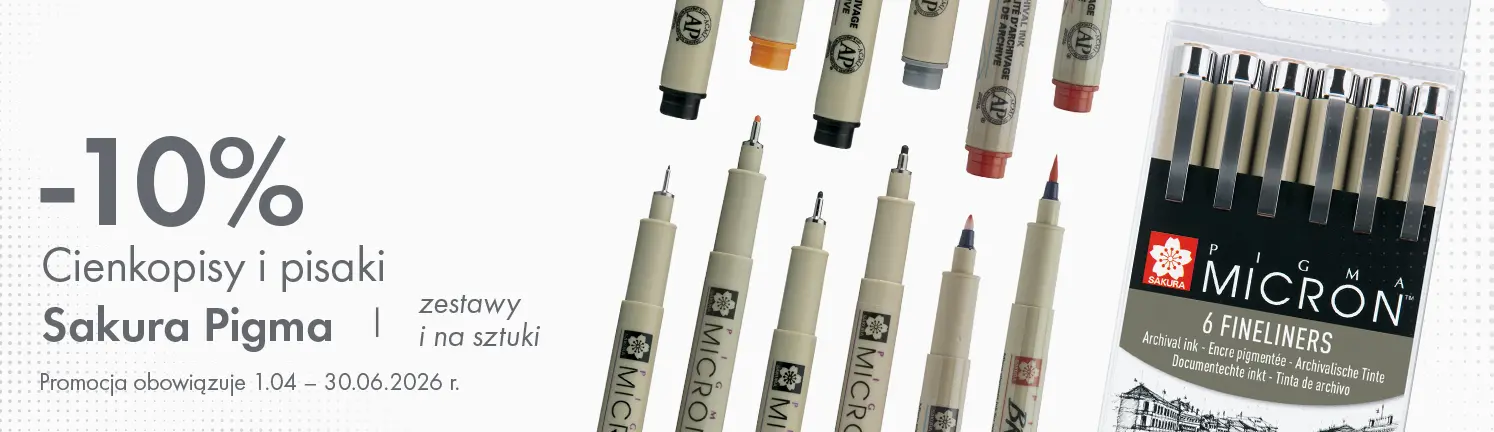 Baner promocyjny: 10% rabatu na cienkopisy i pisaki Sakura Pigma Micron, zestawy i na sztuki. Promocja 1.04–30.06.2026. Storm Plastyczny