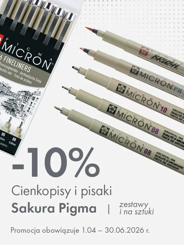 Baner promocyjny: 10% rabatu na cienkopisy i pisaki Sakura Pigma Micron, zestawy i na sztuki. Promocja 1.04–30.06.2026. Storm Plastyczny