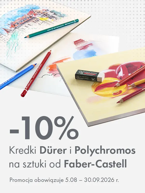 Baner promocyjny: 10% rabatu na kredki Dürer i Polychromos na sztuki od Faber-Castell. Promocja 5.08–30.09.2026. Storm Plastyczny