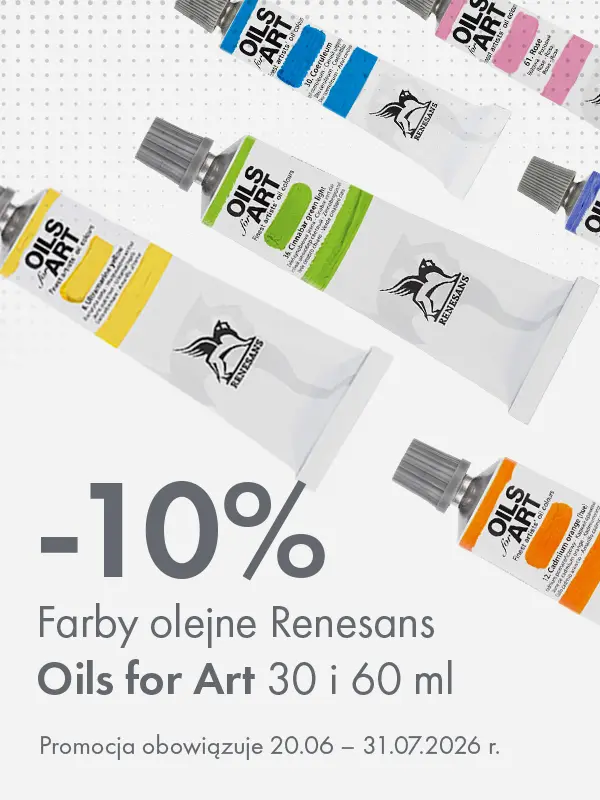 Baner promocyjny: 10% rabatu na farby olejne Olej for Art Renesans 30 i 60 ml. Promocja 20.06–31.07.2026. Storm Plastyczny