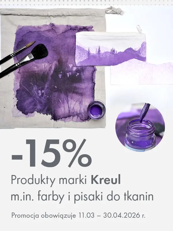 Baner promocyjny: 15% rabatu na produkty marki Kreul, w tym farby i markery do tkanin i szkła. Promocja 25.03–30.04.2026. Storm Plastyczny