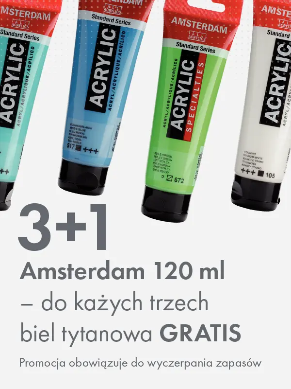 Baner promocyjny: 3+1 (biel tytanowa gratis) na farby akrylowe Amsterdam 120 ml. Promocja do wyczerpania zapasów. Storm Plastyczny