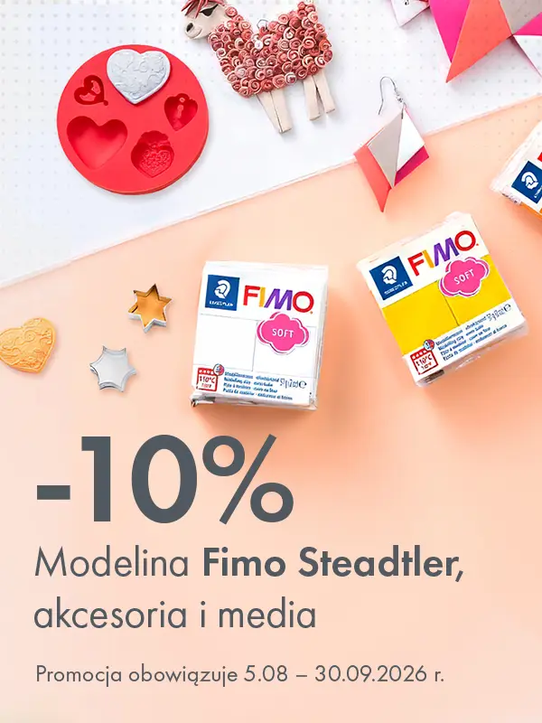 Baner promocyjny: 10% rabatu na modelinę Fimo Steadtler, akcesoria i media. Promocja 5.08–30.09.2026. Storm Plastyczny