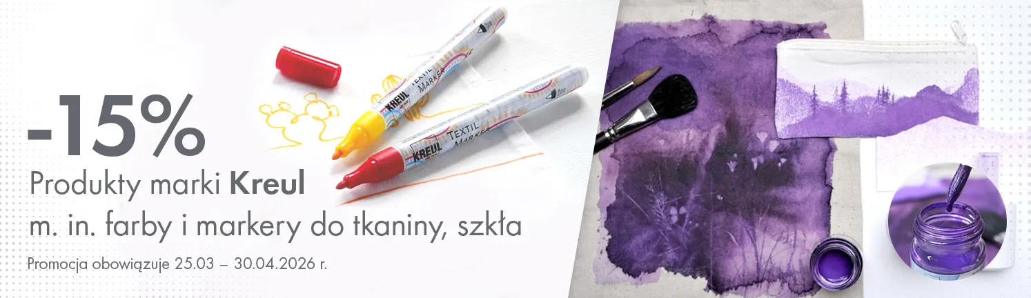 Baner promocyjny: 15% rabatu na produkty marki Kreul, w tym farby i markery do tkanin i szkła. Promocja 25.03–30.04.2026. Storm Plastyczny