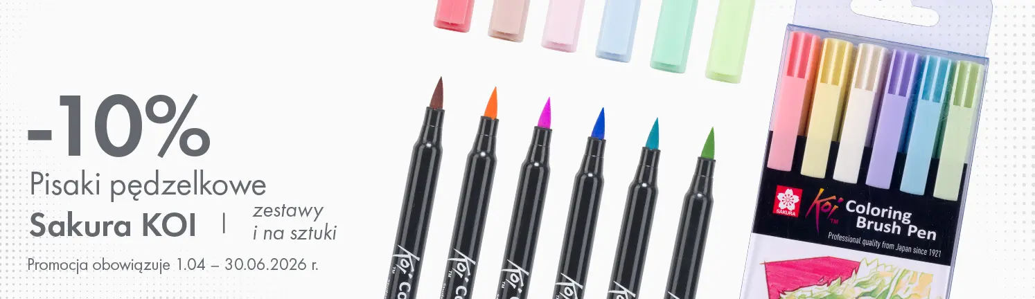 Baner promocyjny: 10% rabatu na pisaki pędzelkowe Sakura KOI, zestawy i na sztuki. Promocja 1.04–30.06.2026. Storm Plastyczny