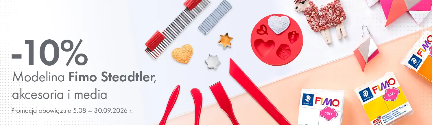 Baner promocyjny: 10% rabatu na modelinę Fimo Steadtler, akcesoria i media. Promocja 5.08–30.09.2026. Storm Plastyczny