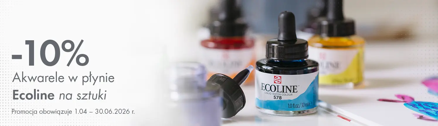 Baner promocyjny: 10% rabatu na akwarele w płynie Ecoline na sztuki. Promocja 1.04–30.06.2026. Storm Plastyczny