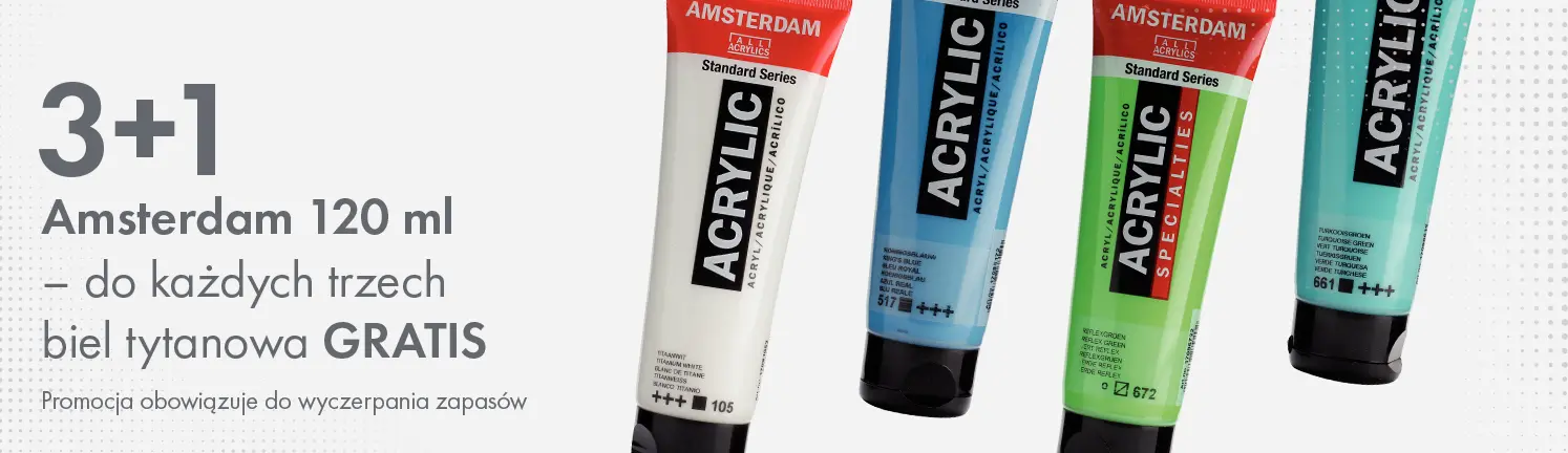Baner promocyjny: 3+1 (biel tytanowa gratis) na farby akrylowe Amsterdam 120 ml. Promocja do wyczerpania zapasów. Storm Plastyczny